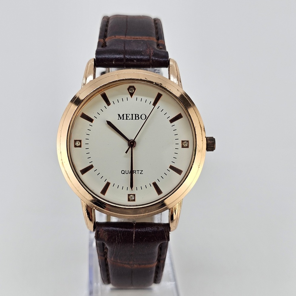 Men's Watch 40MM White Dial Gold Case Brown Leather Bands New Battery